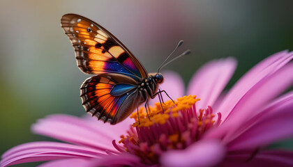 Obraz premium Close-up of a colorful butterfly on a vibrant flower, sharp macro details, nature beauty concept. 