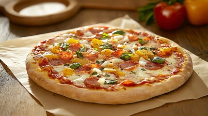 Delicious Pepperoni Pizza with Peppers and Basil on Wooden Table