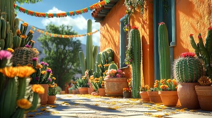 Colorful celebration of Cinco de Mayo with cactus and vibrant garlands in a festive atmosphere set in a sunny outdoor location