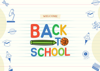 Back To School template and background with school supplies on a white paper page.