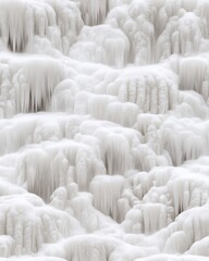 Fototapeta premium A breathtaking view of frozen waterfalls cascading down a cliff face, showcasing intricate ice formations and sparkling textures under a winter sky, a stunning natural winter