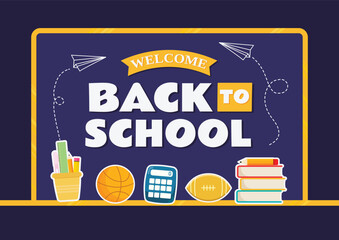 Back To School template and background with school supplies on a blue background.