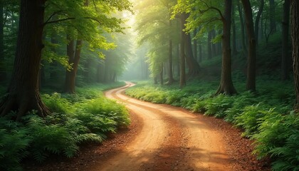 Obraz premium Winding dirt road leads through vibrant green forest. Sunlight filters through trees creating serene ambiance. Pathway provides journey adventure experience, destination exploration. Nature