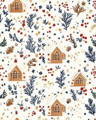 A charming seamless pattern showcases idyllic snow-covered mountain cabins led amongst winter flora berries and pine branches perfect for festive holiday textile designs or