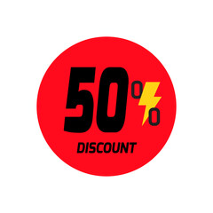 50% discount icon vector a red circular tag with and a yellow lightning bolt symbol.