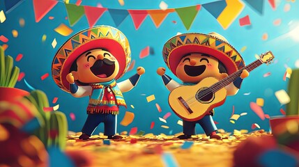 Celebrate cinco de mayo with joyful characters singing and dancing in a colorful fiesta atmosphere filled with confetti and music on a festive day