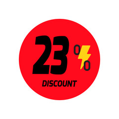 23% discount icon vector a red circular tag with and a yellow lightning bolt symbol.