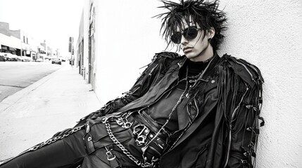 A monochrome image of a stylish individual dressed in punk attire, leaning against a wall on a city street, exuding a rebellious and edgy vibe.
