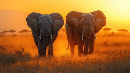 Obraz premium Two majestic elephants standing side by side in the golden light of a vibrant sunset, showcasing their grandeur in a serene African savanna.
