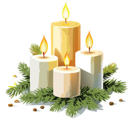 Beautiful christmas candles decoration with pine branches for holiday season and advent celebration