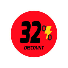 32% discount icon vector a red circular tag with and a yellow lightning bolt symbol.