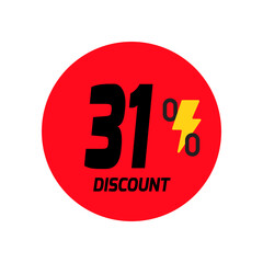 31% discount icon vector a red circular tag with and a yellow lightning bolt symbol.