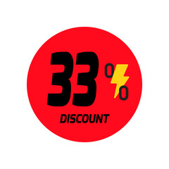 33% discount icon vector a red circular tag with and a yellow lightning bolt symbol.