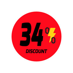 34% discount icon vector a red circular tag with and a yellow lightning bolt symbol.