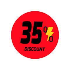 35% discount icon vector a red circular tag with and a yellow lightning bolt symbol.