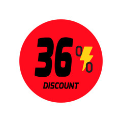 36% discount icon vector a red circular tag with and a yellow lightning bolt symbol.