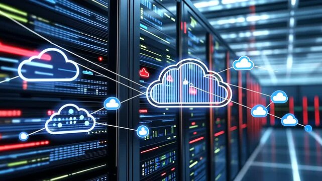 Infographic depicting data streams, cloud computing symbols, and digital security shields surrounding a migrating server from one advanced facility to another, emphasizing business