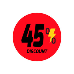 45% discount icon vector a red circular tag with and a yellow lightning bolt symbol.