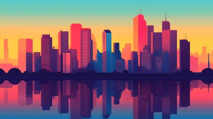 Stylized Graphic Urban Skyline with Reflective Cityscape at Sunset