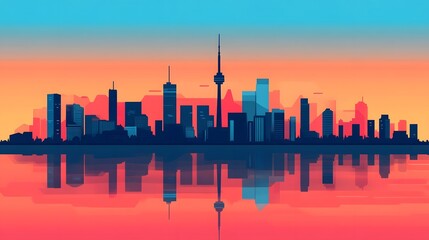Fototapeta premium Stylized Metropolis Skyline with Vibrant Sunset Reflections in the Urban Landscape