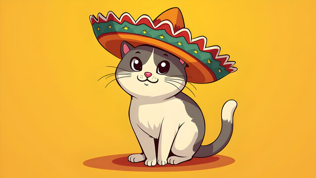recommend clip art: Cute Cartoon Cat Wearing a Colorful Sombrero, Festive Mexican Theme, Cinco de Mayo Illustration, Adorable Kitten in Traditional Hat.