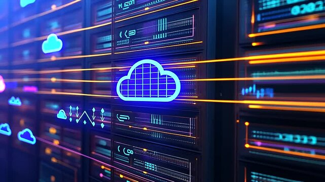 Colorful infographic combining D server graphics, cloud shapes, and directional arrows illustrating the precise path of server migration between secure data centers in a cloud-dri