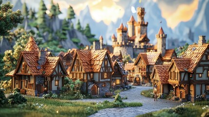 Whimsical medieval fantasy village with glowing cottages, stone paths, and a majestic castle at sunset. Ideal for fantasy games, storybooks, or worldbuilding concepts