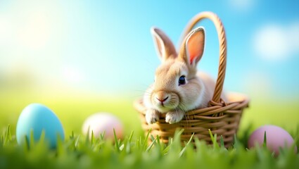 Easter Bunny in Basket with Colorful Eggs on Grass, Spring Holiday Theme