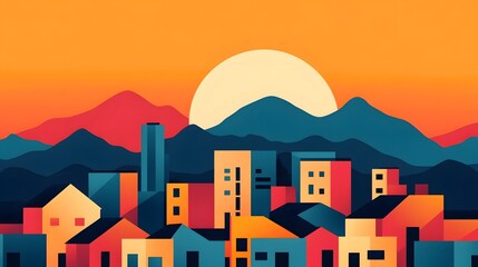 Obraz premium Vibrant Sunset City Skyline with Architectural Details in Stylized Flat Design