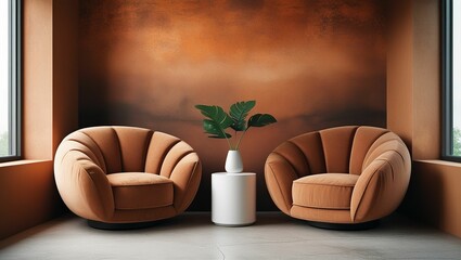 This image shows a modern, minimalist room with two luxurious, round orange chairs facing each other.