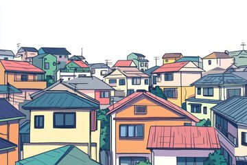A drawing of a densely packed neighborhood with colorful houses against a white background. Focus on residential areas and illustration.