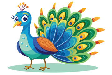 Fototapeta premium Charming Cartoon Peacock Whimsical Bird, Vibrant Feathers on White Background
