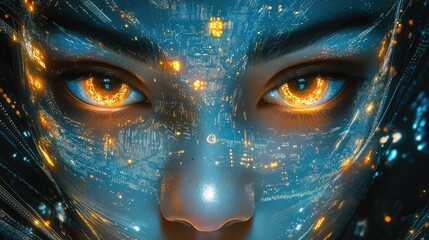 Close-up of a futuristic microchip with glowing circuits on a dark blue and black circuit board.