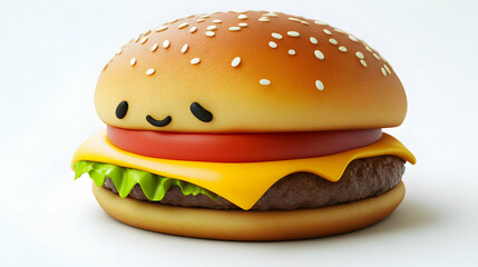 Cartoonish Burger with a Smiling Face Featuring Lettuce Tomato and Cheese on a White Background with Sesame Seeds