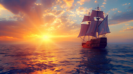 Fototapeta premium Sunset View Of A Pirate Ship Sailing On The Ocean