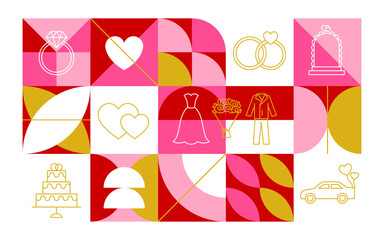 Wedding Line Geometrical Banner. Save The Date. Vector Illustration of Triangular and Polygonal Background. Outline Love Holiday Symbols. Happy Valentines Day Objects.