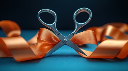 Silver scissors poised to cut an orange ribbon tied in a bow.