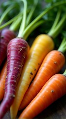 Vibrant Bunch of Rainbow Carrots with Green Tops on a Dark Surface Fresh