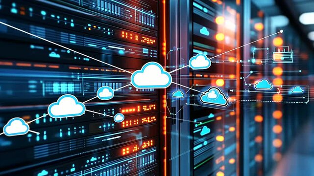 A dynamic infographic showing a glowing server rack being transferred through digital pathways between two futuristic data centers, with cloud computing icons, arrows, and data str