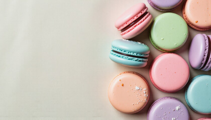 Fototapeta premium Modern food photo advertisement: A colorful assortment of macarons in pastel shades clusters together on a neutral background, creating an inviting and visually appealing display.
