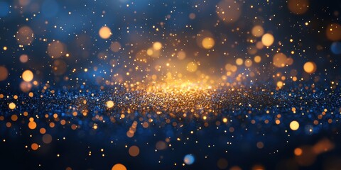 Elegant abstract background with dark blue and gold particles, Christmas golden light bokeh on navy blue, gold foil texture