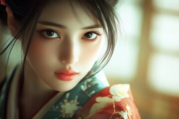 Portrait of a young woman in traditional attire, showcasing cultural beauty and elegance in soft lighting