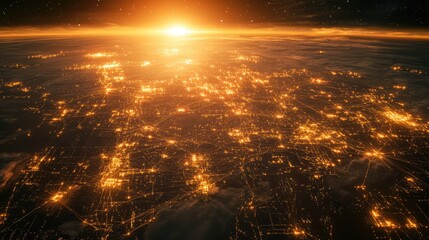 A world map illuminated with golden lights