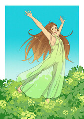 señorita celebrando en medio de un campo de flores usando un vestido verde transparente