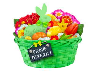 Frohe Ostern   Osterhase und Ostereier im Korb  Hintergrund transparent PNG cut out