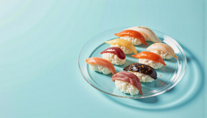 Modern food photo advertisement: A plate of colorful, faux sushi made from gelatin sits on a light blue surface, resembling traditional nigiri.
