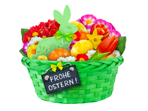 Frohe Ostern   Osterhase und Ostereier im Korb  Hintergrund transparent PNG cut out