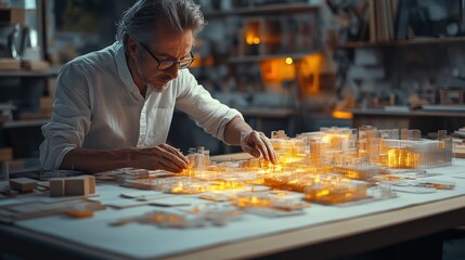 Architect meticulously crafting illuminated urban cityscape model.