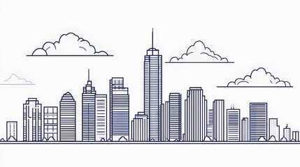 Obraz premium Monochrome Cityscape with Geometric Skyscrapers and Cloudy Sky, Outline Design