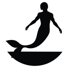 Silhouette of merman male mermaid mythical sea creature ocean fantasy black and white vector art illustration